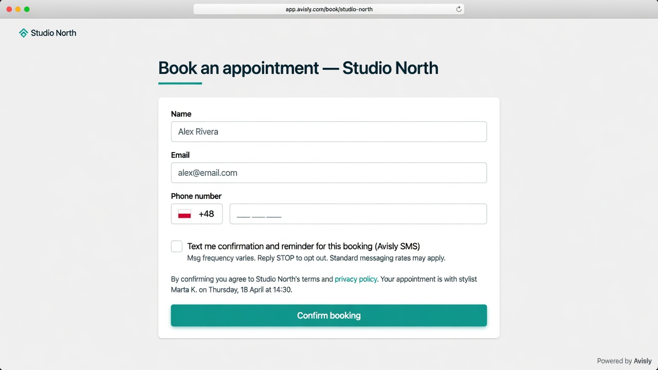 Booking form with optional SMS confirmation checkbox, unchecked by default