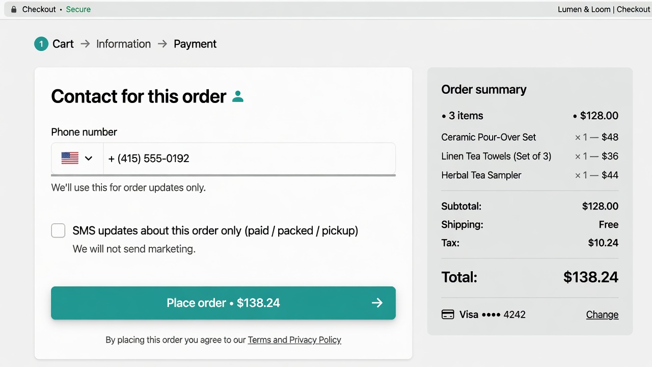 Checkout phone field with SMS order-update checkbox