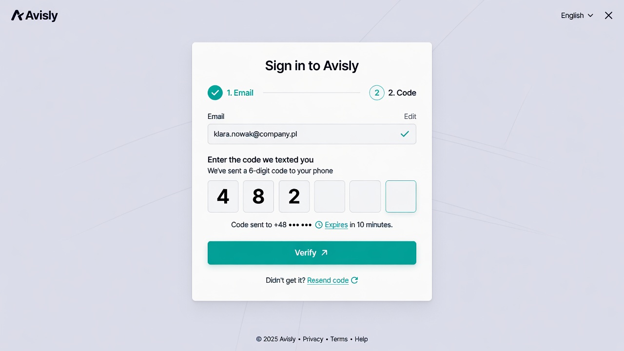 Avisly login screen sending a one-time SMS code
